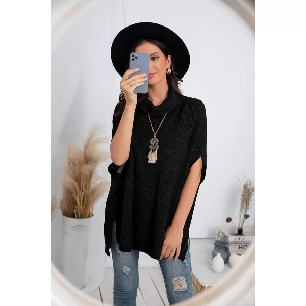 GRECERELLE Women Turtleneck Oversized Knit Batwing Sleeveless Loose High Low Hem Side Slit Pullover Sweater