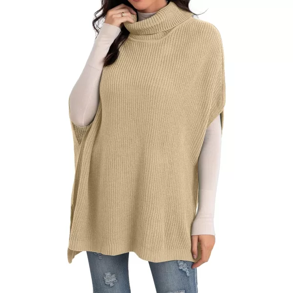 GRECERELLE Women Turtleneck Oversized Knit Batwing Sleeveless Loose High Low Hem Side Slit Pullover Sweater
