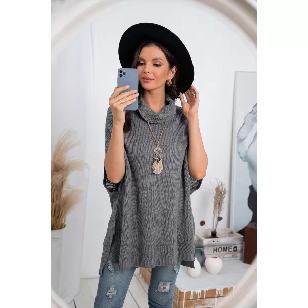 GRECERELLE Women Turtleneck Oversized Knit Batwing Sleeveless Loose High Low Hem Side Slit Pullover Sweater
