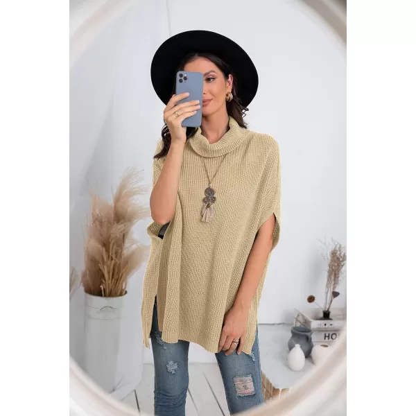 GRECERELLE Women Turtleneck Oversized Knit Batwing Sleeveless Loose High Low Hem Side Slit Pullover Sweater