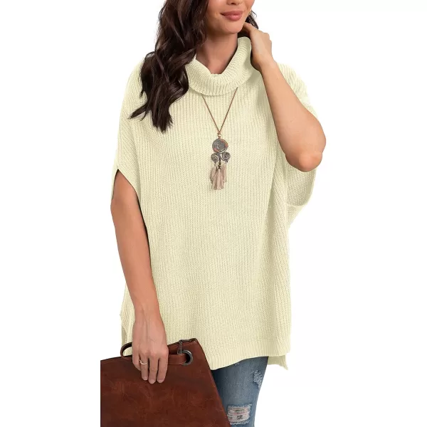 GRECERELLE Women Turtleneck Oversized Knit Batwing Sleeveless Loose High Low Hem Side Slit Pullover Sweater
