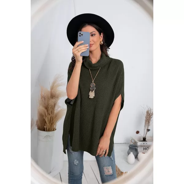 GRECERELLE Women Turtleneck Oversized Knit Batwing Sleeveless Loose High Low Hem Side Slit Pullover Sweater