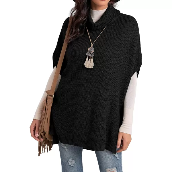 GRECERELLE Women Turtleneck Oversized Knit Batwing Sleeveless Loose High Low Hem Side Slit Pullover Sweater
