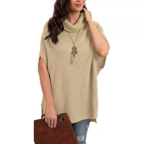 GRECERELLE Women Turtleneck Oversized Knit Batwing Sleeveless Loose High Low Hem Side Slit Pullover Sweater