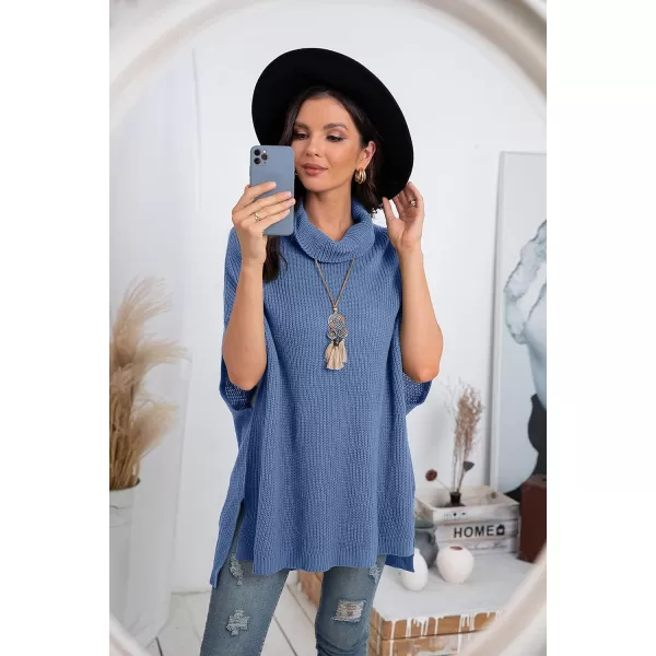 GRECERELLE Women Turtleneck Oversized Knit Batwing Sleeveless Loose High Low Hem Side Slit Pullover Sweater