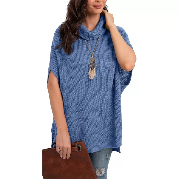 GRECERELLE Women Turtleneck Oversized Knit Batwing Sleeveless Loose High Low Hem Side Slit Pullover Sweater