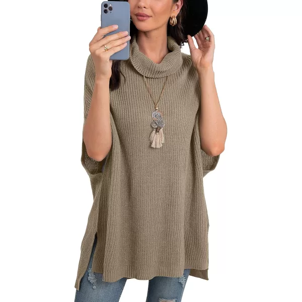 GRECERELLE Women Turtleneck Oversized Knit Batwing Sleeveless Loose High Low Hem Side Slit Pullover Sweater