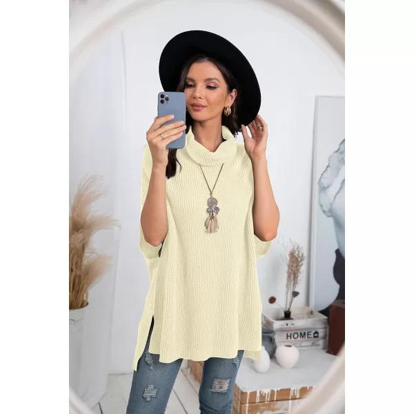 GRECERELLE Women Turtleneck Oversized Knit Batwing Sleeveless Loose High Low Hem Side Slit Pullover Sweater