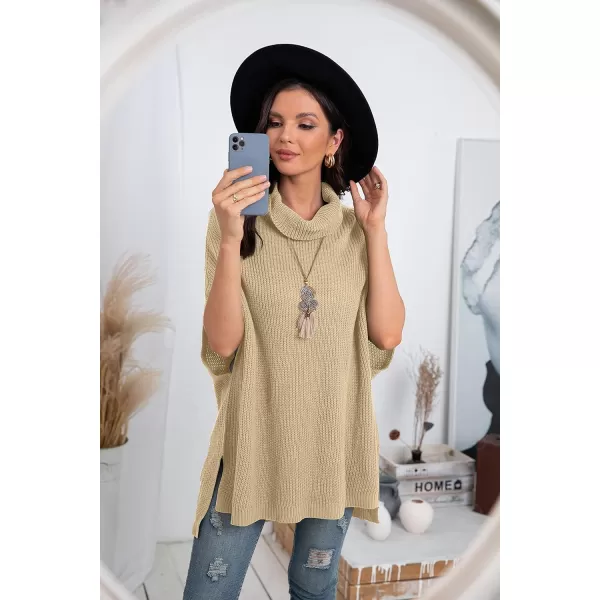 GRECERELLE Women Turtleneck Oversized Knit Batwing Sleeveless Loose High Low Hem Side Slit Pullover Sweater