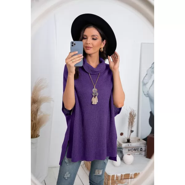 GRECERELLE Women Turtleneck Oversized Knit Batwing Sleeveless Loose High Low Hem Side Slit Pullover Sweater