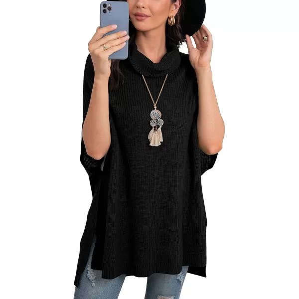 GRECERELLE Women Turtleneck Oversized Knit Batwing Sleeveless Loose High Low Hem Side Slit Pullover Sweater