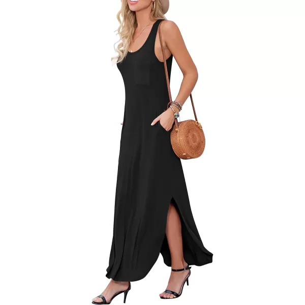 GRECERELLE Women's Casual Fit Long Dress Sleeveless Racerback Split Fashion Maxi Dresses with Pocket Balck-Large