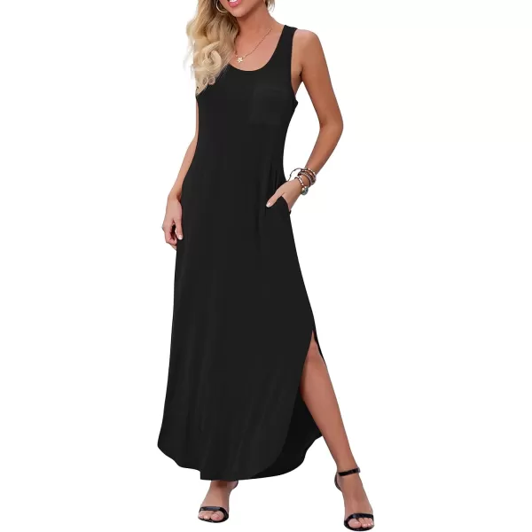 GRECERELLE Women's Casual Fit Long Dress Sleeveless Racerback Split Fashion Maxi Dresses with Pocket Balck-Large