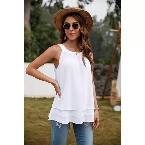 GRECERELLE Womens Halter Tops Casual Sleeveless Tank Tops Pleated Chiffon Vest Shirts Round Neckline Fashion Layered Blouse