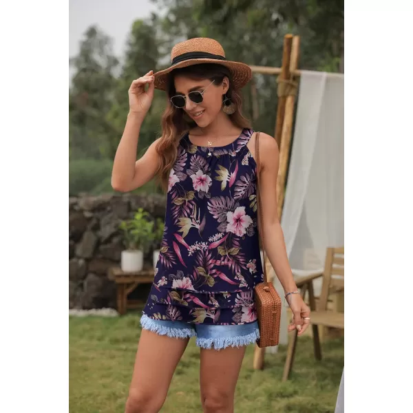 GRECERELLE Womens Halter Tops Casual Sleeveless Tank Tops Pleated Chiffon Vest Shirts Round Neckline Fashion Layered Blouse