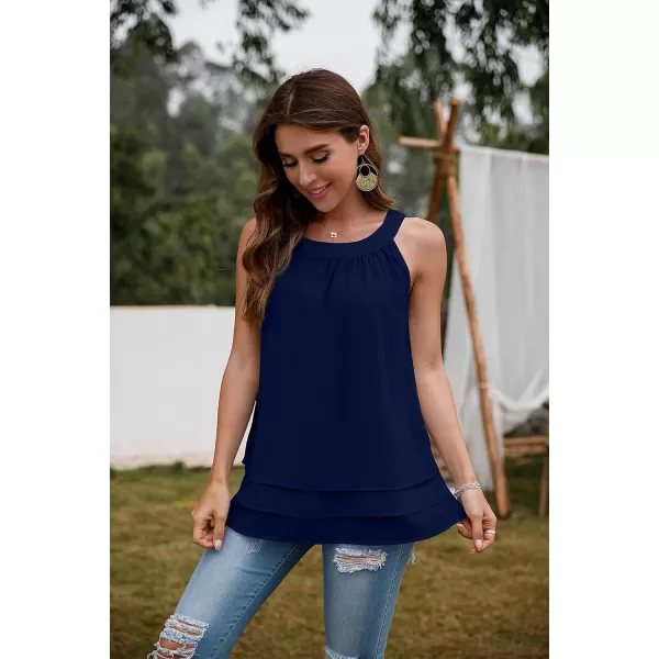 GRECERELLE Womens Halter Tops Casual Sleeveless Tank Tops Pleated Chiffon Vest Shirts Round Neckline Fashion Layered Blouse