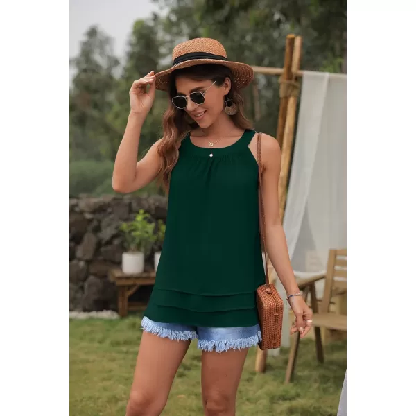 GRECERELLE Womens Halter Tops Casual Sleeveless Tank Tops Pleated Chiffon Vest Shirts Round Neckline Fashion Layered Blouse