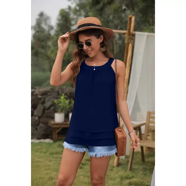 GRECERELLE Womens Halter Tops Casual Sleeveless Tank Tops Pleated Chiffon Vest Shirts Round Neckline Fashion Layered Blouse