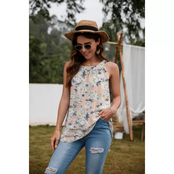 GRECERELLE Womens Halter Tops Casual Sleeveless Tank Tops Pleated Chiffon Vest Shirts Round Neckline Fashion Layered Blouse