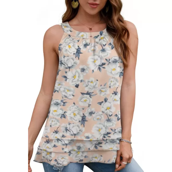 GRECERELLE Womens Halter Tops Casual Sleeveless Tank Tops Pleated Chiffon Vest Shirts Round Neckline Fashion Layered Blouse