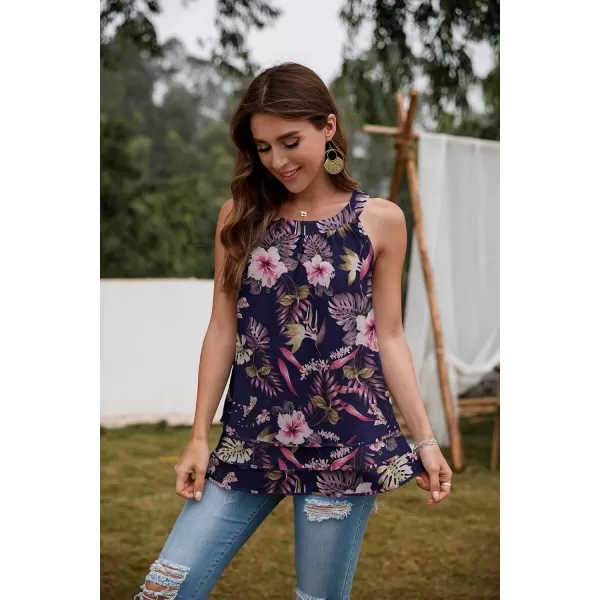 GRECERELLE Womens Halter Tops Casual Sleeveless Tank Tops Pleated Chiffon Vest Shirts Round Neckline Fashion Layered Blouse