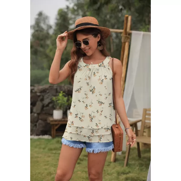 GRECERELLE Womens Halter Tops Casual Sleeveless Tank Tops Pleated Chiffon Vest Shirts Round Neckline Fashion Layered Blouse