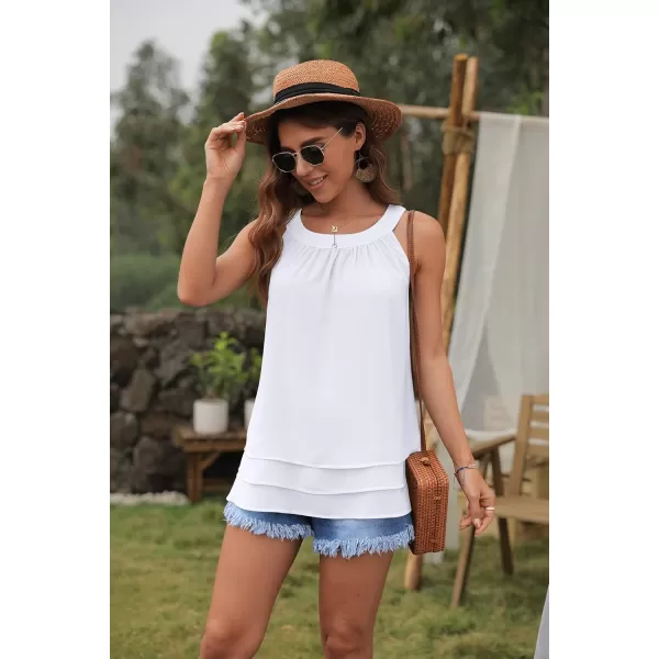 GRECERELLE Womens Halter Tops Casual Sleeveless Tank Tops Pleated Chiffon Vest Shirts Round Neckline Fashion Layered Blouse