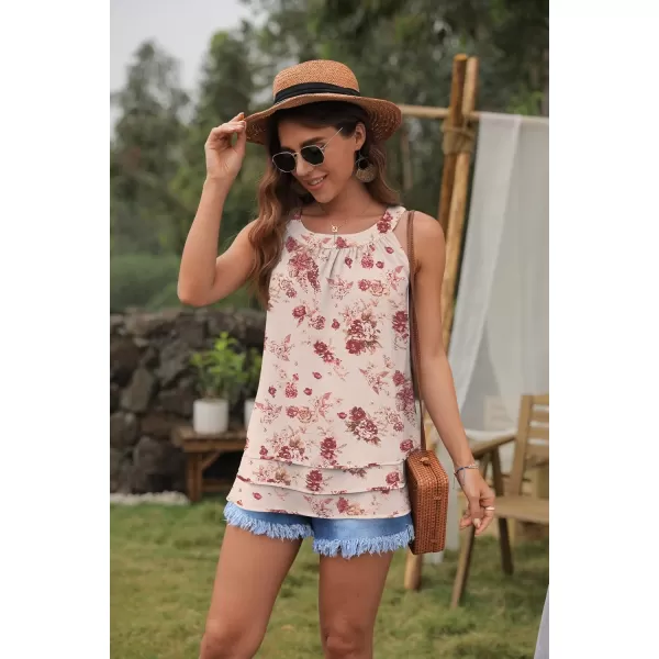 GRECERELLE Womens Halter Tops Casual Sleeveless Tank Tops Pleated Chiffon Vest Shirts Round Neckline Fashion Layered Blouse
