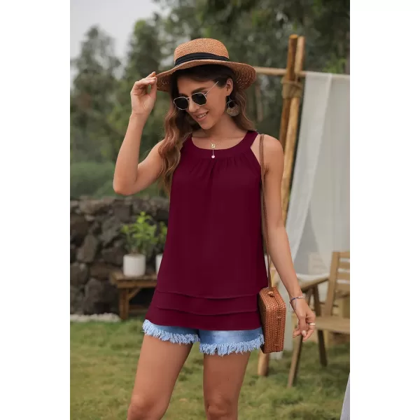 GRECERELLE Womens Halter Tops Casual Sleeveless Tank Tops Pleated Chiffon Vest Shirts Round Neckline Fashion Layered Blouse