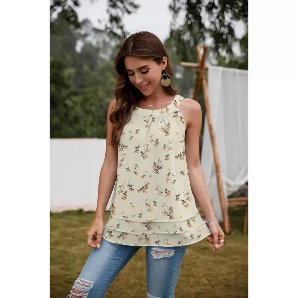 GRECERELLE Womens Halter Tops Casual Sleeveless Tank Tops Pleated Chiffon Vest Shirts Round Neckline Fashion Layered Blouse