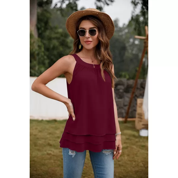 GRECERELLE Womens Halter Tops Casual Sleeveless Tank Tops Pleated Chiffon Vest Shirts Round Neckline Fashion Layered Blouse