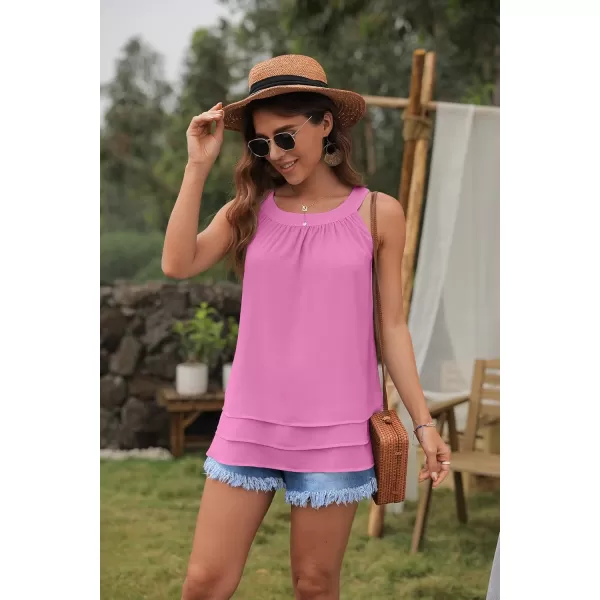 GRECERELLE Womens Halter Tops Casual Sleeveless Tank Tops Pleated Chiffon Vest Shirts Round Neckline Fashion Layered Blouse