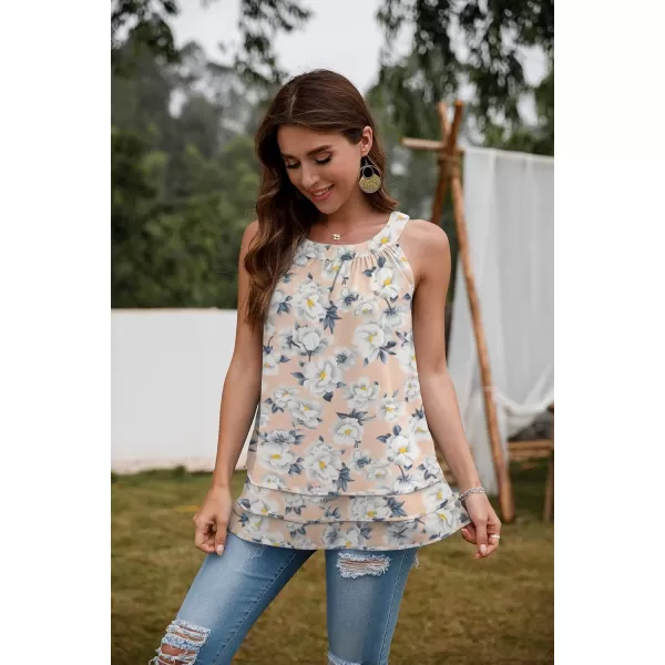 GRECERELLE Womens Halter Tops Casual Sleeveless Tank Tops Pleated Chiffon Vest Shirts Round Neckline Fashion Layered Blouse