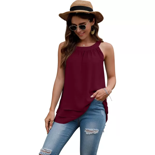 GRECERELLE Womens Halter Tops Casual Sleeveless Tank Tops Pleated Chiffon Vest Shirts Round Neckline Fashion Layered Blouse
