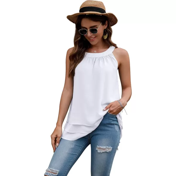 GRECERELLE Womens Halter Tops Casual Sleeveless Tank Tops Pleated Chiffon Vest Shirts Round Neckline Fashion Layered Blouse