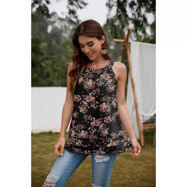 GRECERELLE Womens Halter Tops Casual Sleeveless Tank Tops Pleated Chiffon Vest Shirts Round Neckline Fashion Layered Blouse