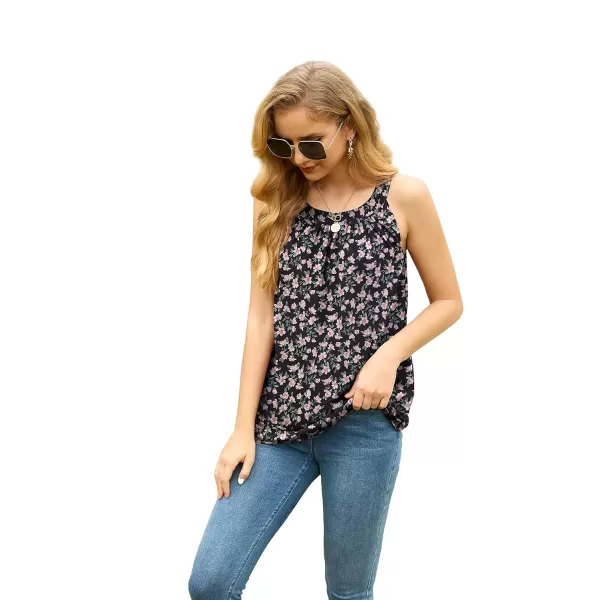 GRECERELLE Womens Halter Tops Casual Sleeveless Tank Tops Pleated Chiffon Vest Shirts Round Neckline Fashion Layered Blouse