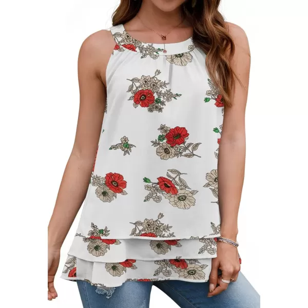 GRECERELLE Womens Halter Tops Casual Sleeveless Tank Tops Pleated Chiffon Vest Shirts Round Neckline Fashion Layered Blouse