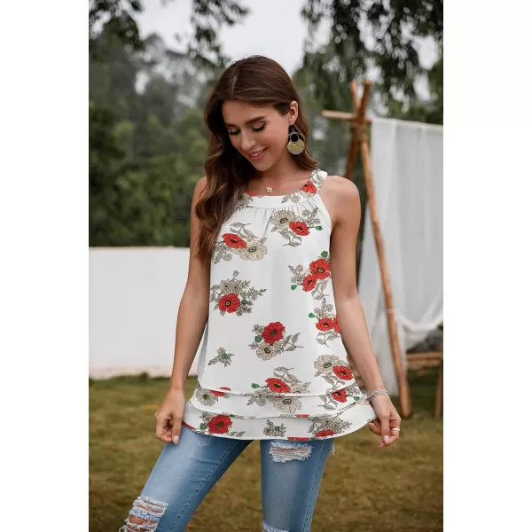 GRECERELLE Womens Halter Tops Casual Sleeveless Tank Tops Pleated Chiffon Vest Shirts Round Neckline Fashion Layered Blouse