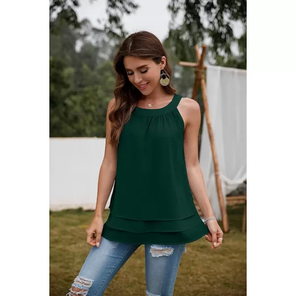 GRECERELLE Womens Halter Tops Casual Sleeveless Tank Tops Pleated Chiffon Vest Shirts Round Neckline Fashion Layered Blouse