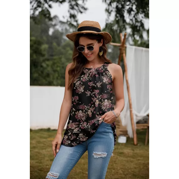GRECERELLE Womens Halter Tops Casual Sleeveless Tank Tops Pleated Chiffon Vest Shirts Round Neckline Fashion Layered Blouse
