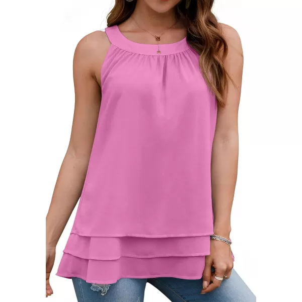 GRECERELLE Womens Halter Tops Casual Sleeveless Tank Tops Pleated Chiffon Vest Shirts Round Neckline Fashion Layered Blouse