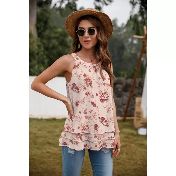 GRECERELLE Womens Halter Tops Casual Sleeveless Tank Tops Pleated Chiffon Vest Shirts Round Neckline Fashion Layered Blouse