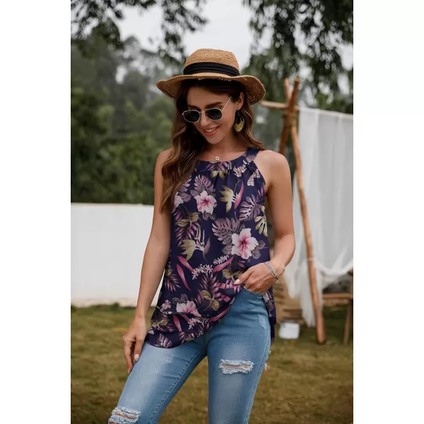 GRECERELLE Womens Halter Tops Casual Sleeveless Tank Tops Pleated Chiffon Vest Shirts Round Neckline Fashion Layered Blouse