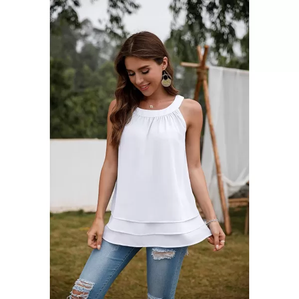 GRECERELLE Womens Halter Tops Casual Sleeveless Tank Tops Pleated Chiffon Vest Shirts Round Neckline Fashion Layered Blouse
