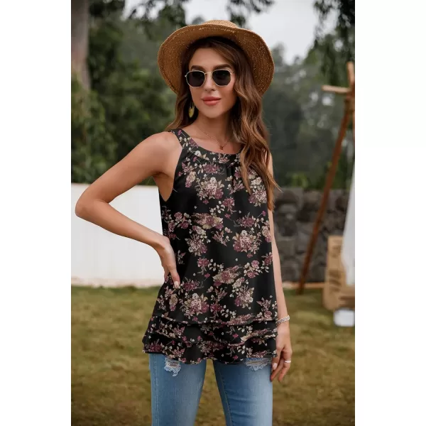 GRECERELLE Womens Halter Tops Casual Sleeveless Tank Tops Pleated Chiffon Vest Shirts Round Neckline Fashion Layered Blouse