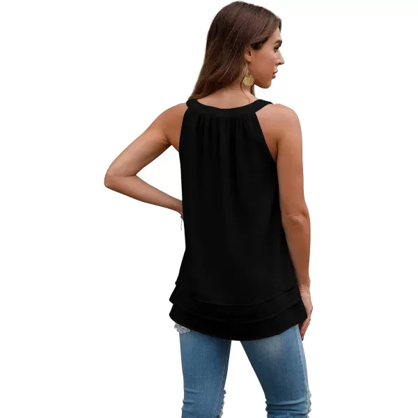 GRECERELLE Womens Halter Tops Casual Sleeveless Tank Tops Pleated Chiffon Vest Shirts Round Neckline Fashion Layered Blouse