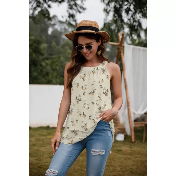 GRECERELLE Womens Halter Tops Casual Sleeveless Tank Tops Pleated Chiffon Vest Shirts Round Neckline Fashion Layered Blouse