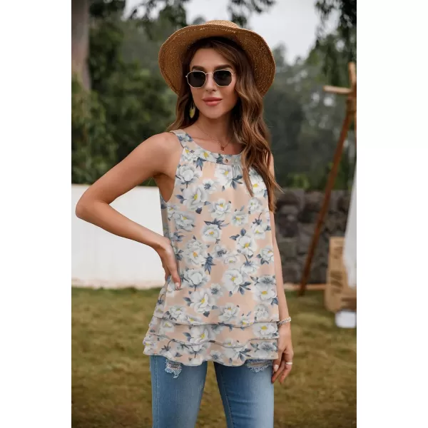 GRECERELLE Womens Halter Tops Casual Sleeveless Tank Tops Pleated Chiffon Vest Shirts Round Neckline Fashion Layered Blouse