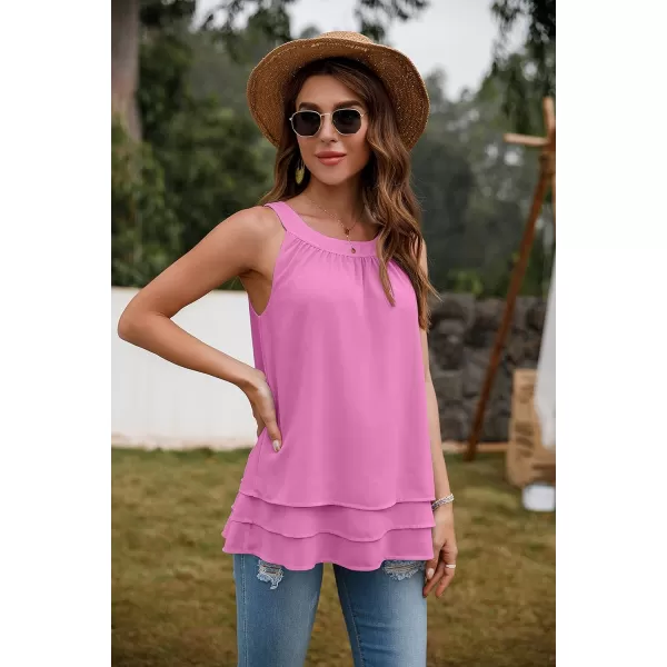 GRECERELLE Womens Halter Tops Casual Sleeveless Tank Tops Pleated Chiffon Vest Shirts Round Neckline Fashion Layered Blouse